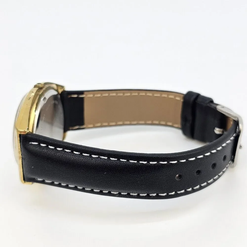 VTG Lorus Men's Watch 36MM Gold Dial DayDate New Black Leather Bands New Battery